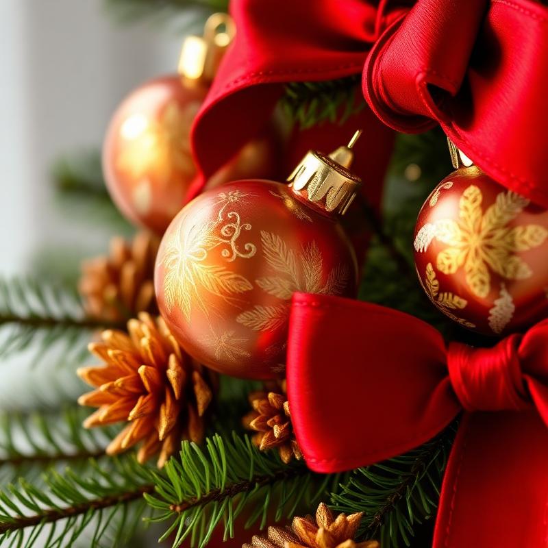 Close-up of velvet ribbons and hand-painted ornaments arranged on a Christmas tree