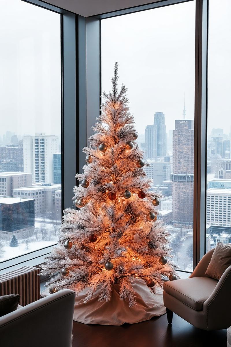 Arctic Elegance — Christmas tree designed by Tula. A snow-flocked tree with mercury silver ornaments in a sky-high city loft.