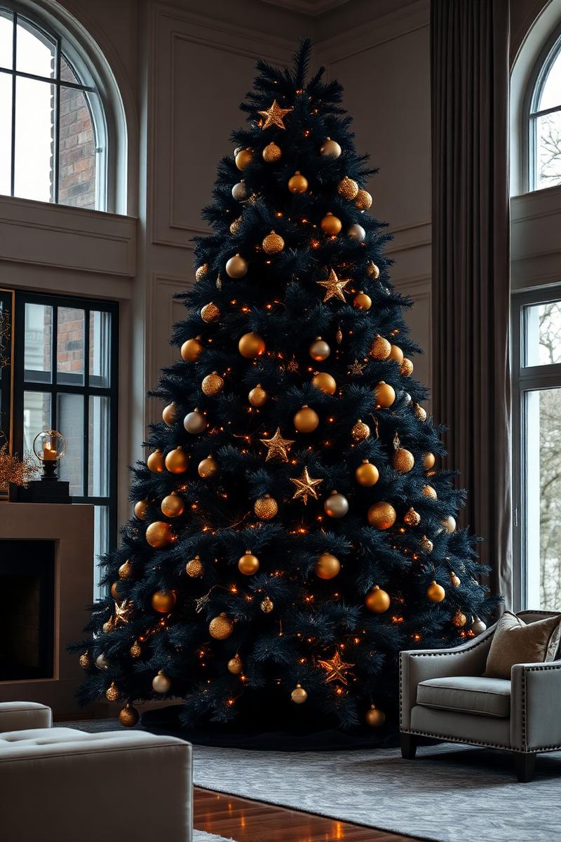 Midnight Forest — Christmas tree designed by Tula. A 10-ft black noble fir dressed in antique gold ornaments and warm amber lights.