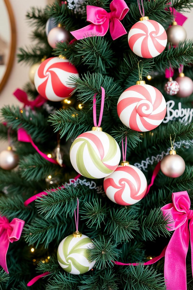 Sugarplum Dreams — Christmas tree designed by Tula. A whimsical confection of candy ornaments, hot-pink velvet ribbons and joy.