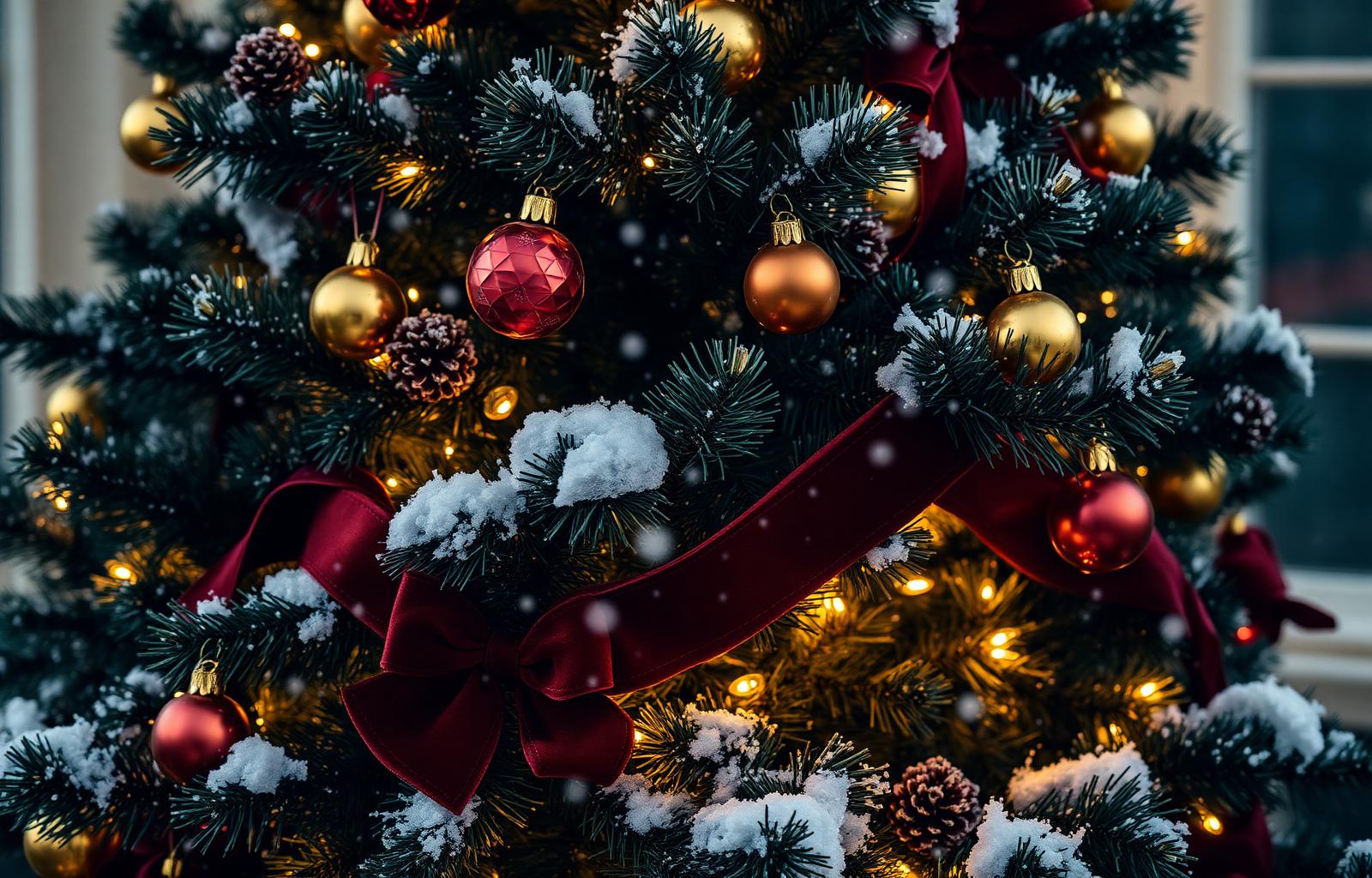 A festive Christmas tree decorated with burgundy ribbons, gold ornaments, and warm twinkling lights designed by Tula